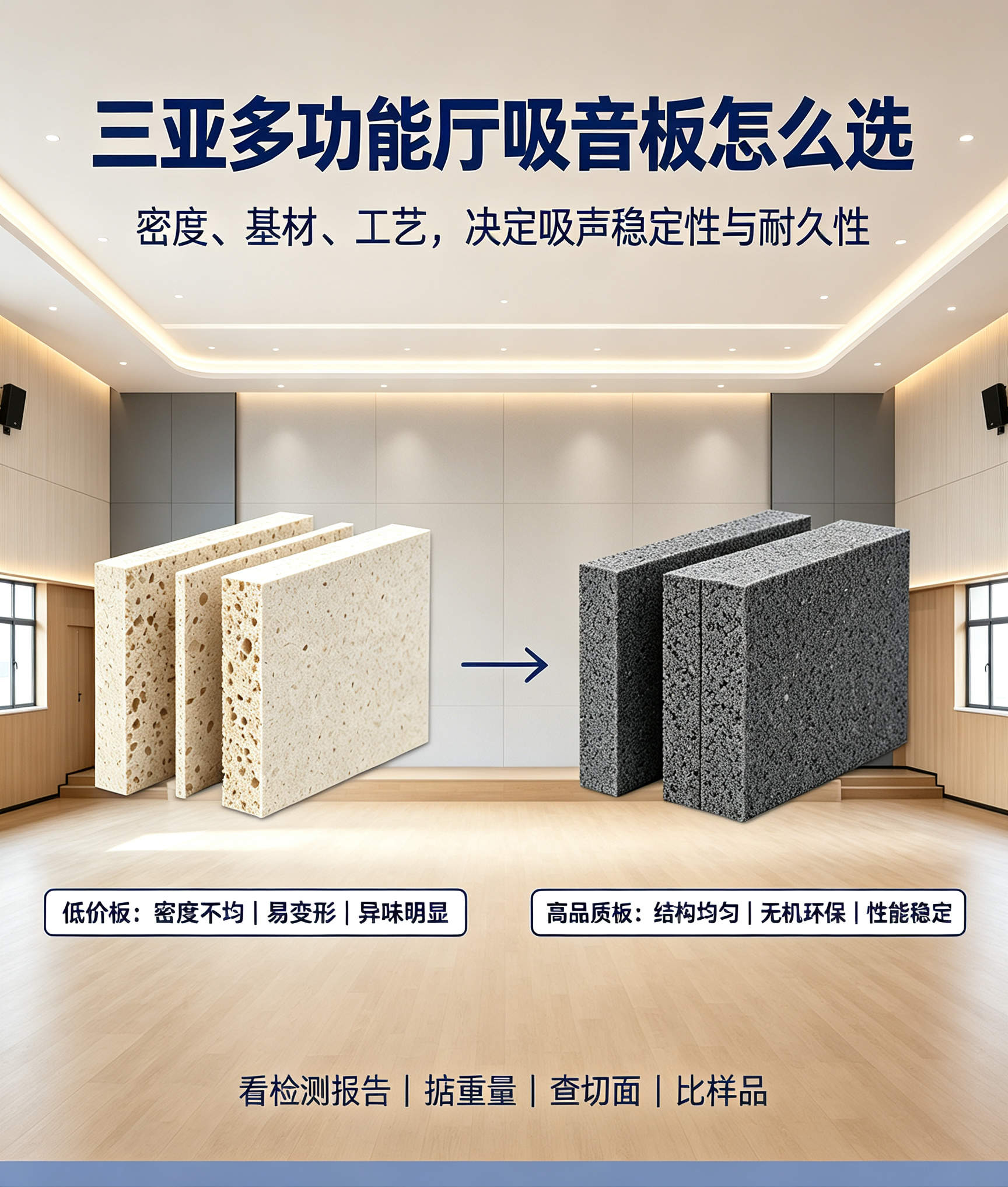 三亞多功能廳：低價吸音板和高品質吸音板差別在哪？