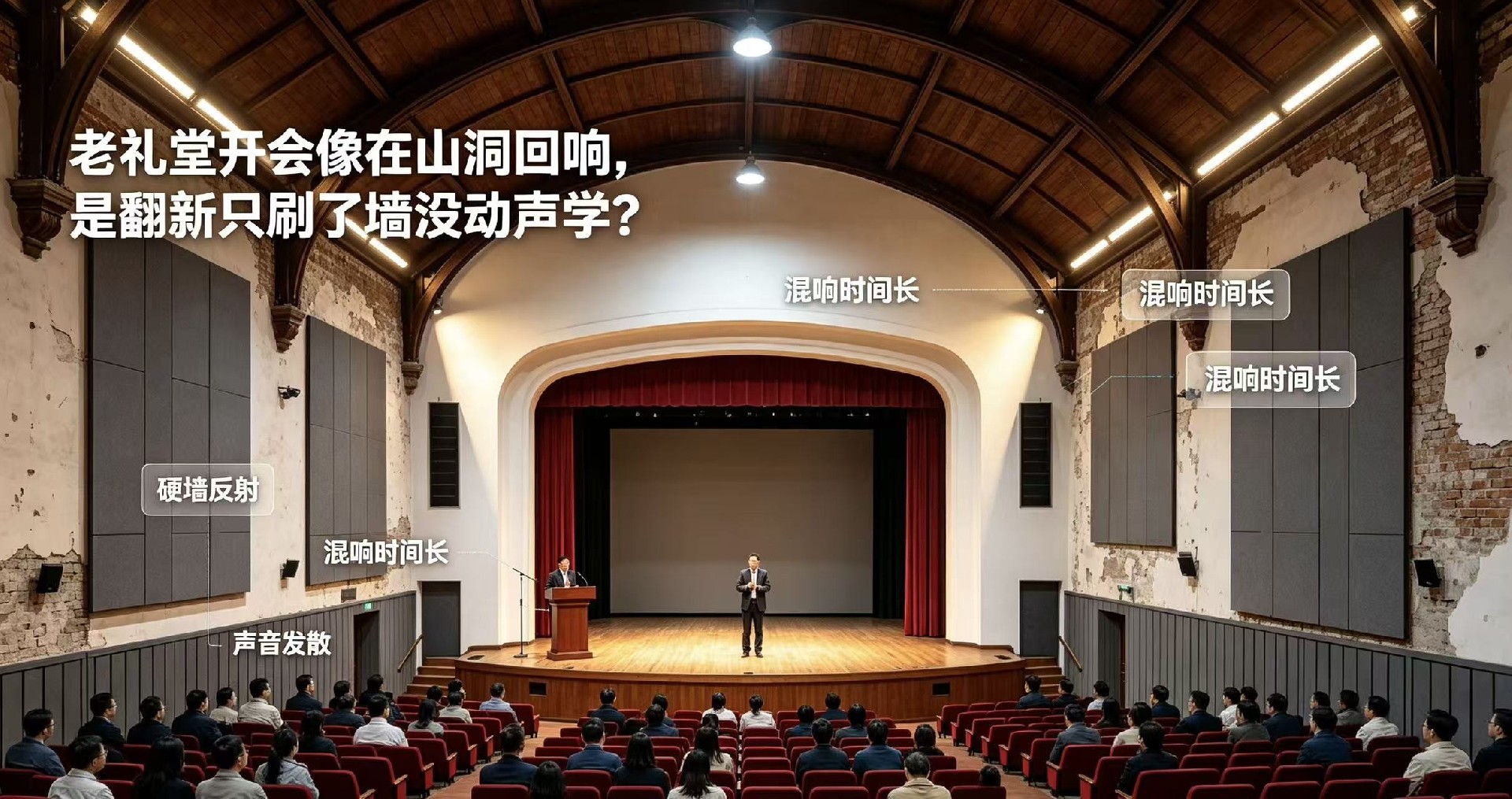 老禮堂開會像在山洞回響，是翻新只刷了墻沒動聲學？