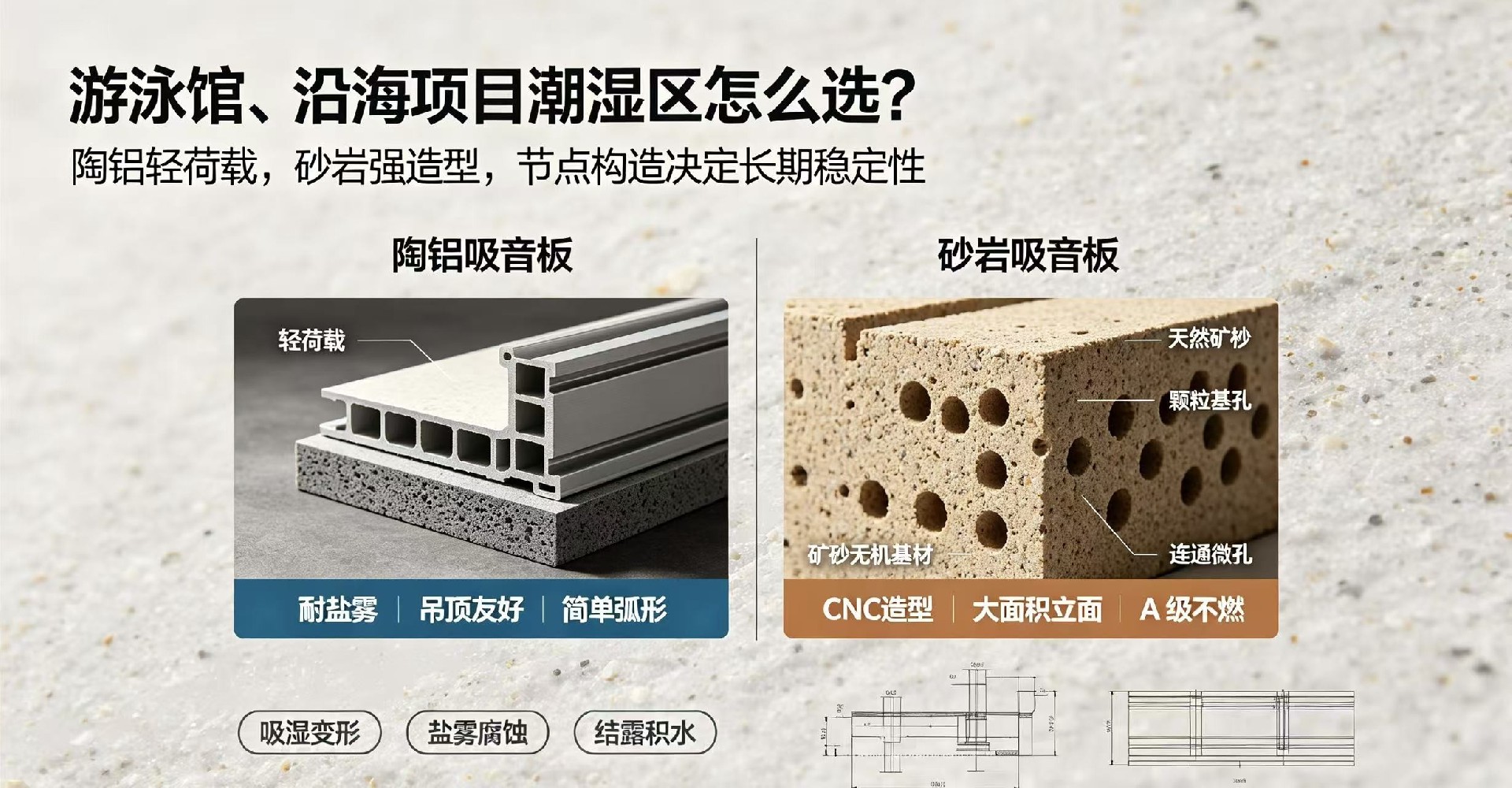 游泳館、沿海項目潮濕區，陶鋁與砂巖吸音板該怎么選？
