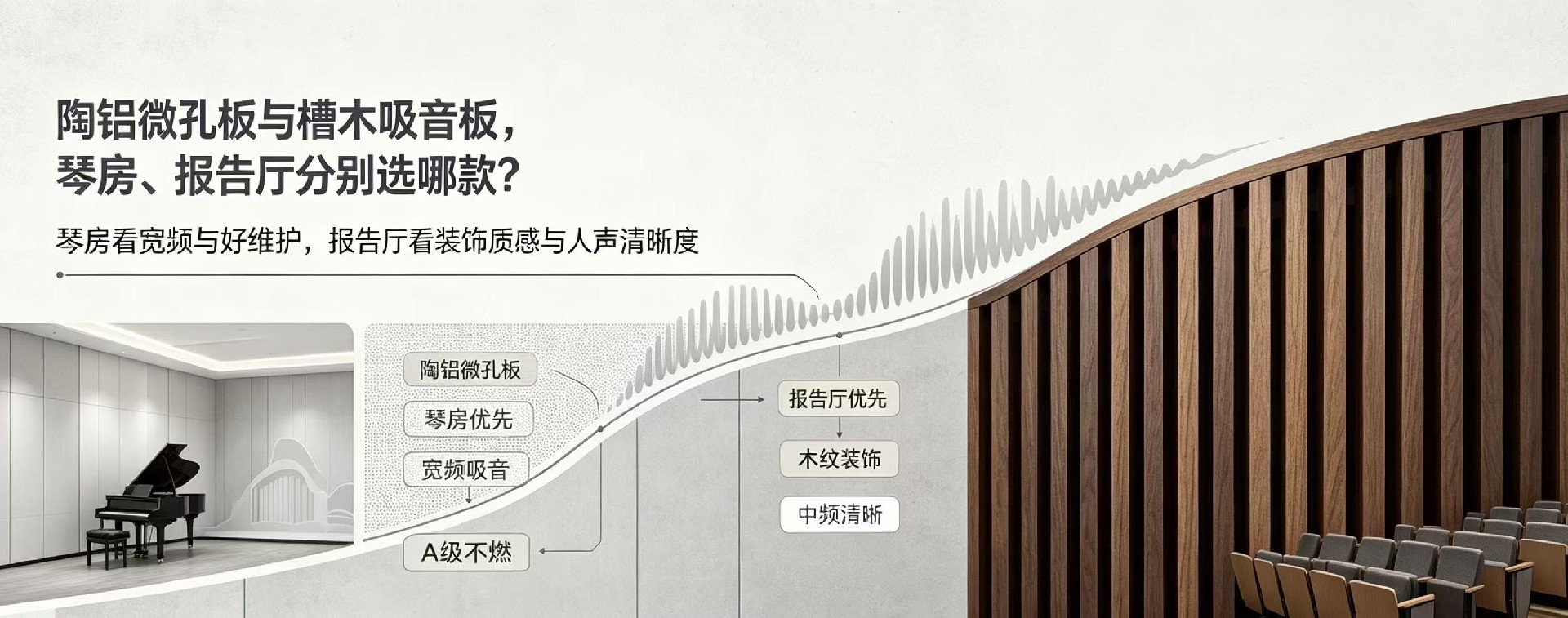 陶鋁微孔板與槽木吸音板，琴房、報告廳分別選哪款？